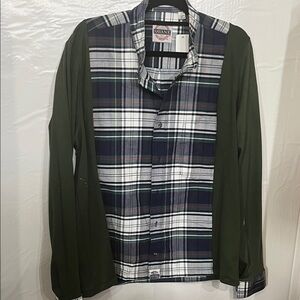 Upcycled Olive Green and Navy Plaid Shirt. Has been resized. Measurements inc.